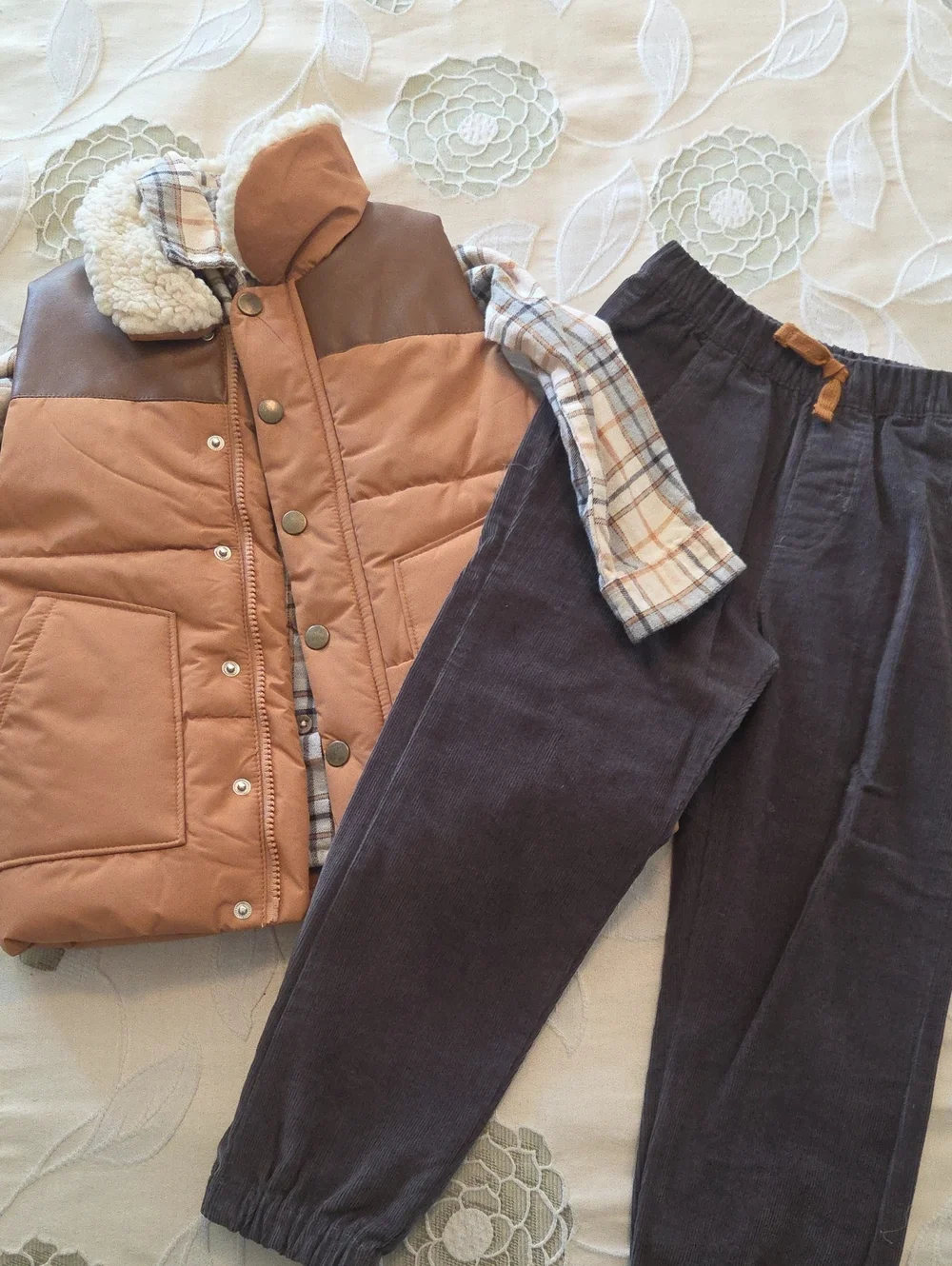 Kids 3-Piece Matching Set - Brown Puffer Vest, Plaid Shirt & Charcoal Pants